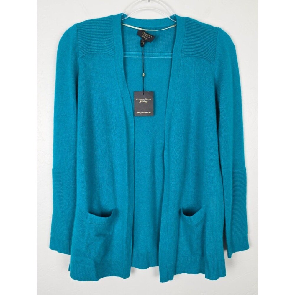 Charter Club Cashmere Cardigan Open Front Pockets Bright Teal Green Size S NWT